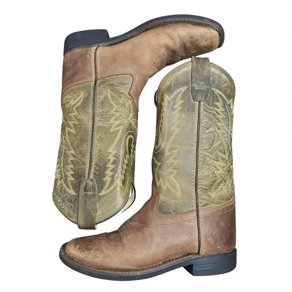 Old West Kids Size 5Y Western Cowboy Boots Tan Olive Green Leather Square Toe